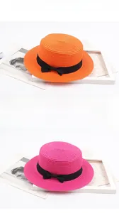 Chapeau de paille à haut plat avec nœud en ruban noir et tissage fin en orange et rose
