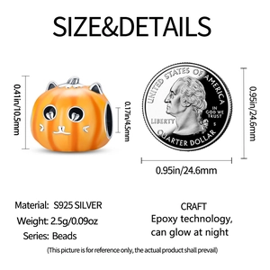 Luminous pumpkin cat charm bead in S925 silver with size dimensions and coin comparison