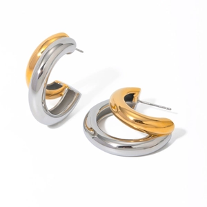 Minimalist 18k gold and silver two-tone stainless steel C-shaped chunky hoop earrings