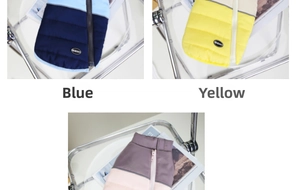 Close-up of waterproof dog vests in blue, yellow, and purple with back zipper details
