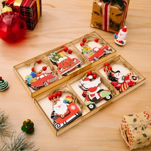 Christmas wooden dwarf gnome ornaments set with Santa in red truck and motorbike