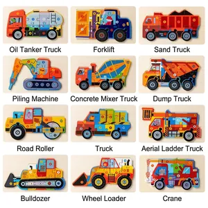 Educational 12-pack wooden 3D number puzzles featuring colorful construction vehicles