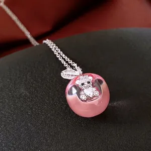 Elegant bear pendant necklace with pink synthetic opal and zircon leaves in silver finish