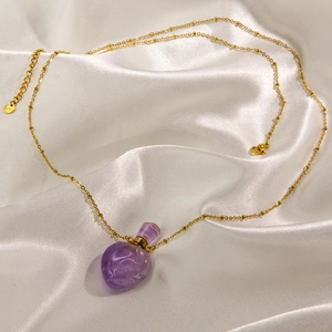 Luxurious heart-shaped amethyst perfume bottle necklace with 14K gold-plated stainless steel chain