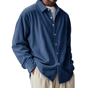 Men's loose corduroy long sleeve shirt in blue with classic collar and ribbed texture