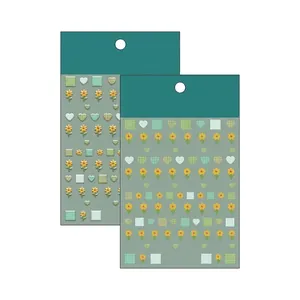 Adesivi per unghie in rilievo 3D con motivi a quadri verdi e piccoli fiori gialli