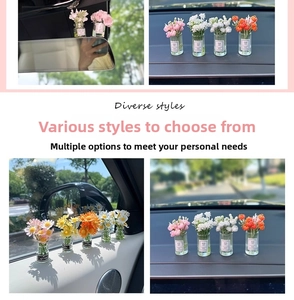 Detailed views of mini glass car vases with colorful artificial flowers on dashboard