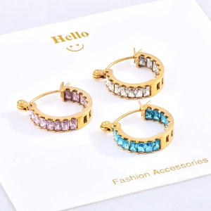 French INS Style 18K Gold Plated Titanium Steel Hoop Earrings With Rectangular Zirconia Inlay Elegant Geometric Jewelry Women