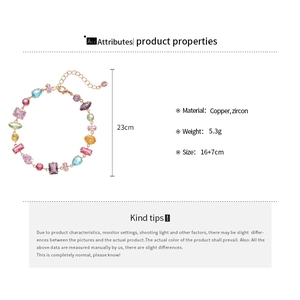Detail view of colorful geometric zircon bracelet with copper gold plating and dimensions