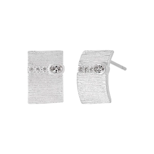 Brushed S925 sterling silver rectangular stud earrings with micro-inlaid zircons