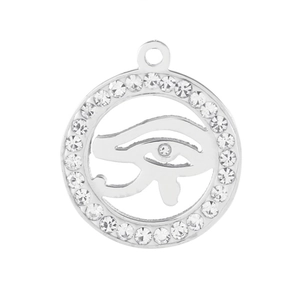 Macro view of silver Eye of Horus pendant with sparkling cubic zirconia crystals