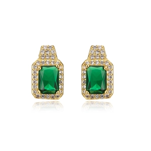 Exquisite gold plated square green zircon stud earrings with crystal halo for women
