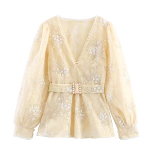 Elegant V Neck Long Sleeve Blouse Sequin Artificial Pearl Embroidery Lace Tulle Waist Cinched Tunic Top Fashion