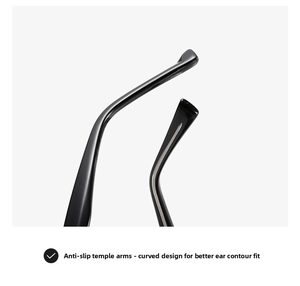 Detail of ergonomic curved non-slip temples for enhanced sunglasses wearing stability
