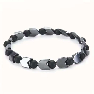 Men's tiger eye and hematite beaded bracelet with silver V-shaped metallic accents