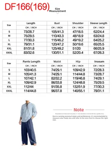 Detailed size chart for men's linen beach set including shirt and pants measurements