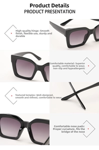Detailed views of square sunglasses showing reinforced metal hinges and smooth nose pads