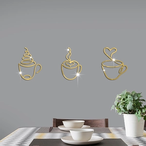Modern gold acrylic coffee cup wall stickers set on grey dining room wall with home decor