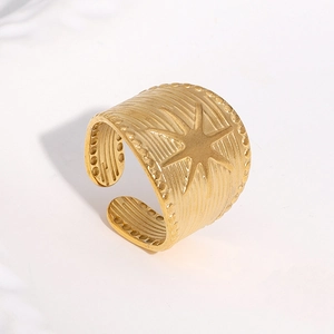 Gold wide open star ring with brushed texture and beaded edges in stainless steel