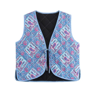 Quilted blue cotton vest with ethnic paisley print and drawstring neckline