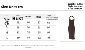 Size guide for halter knit bodycon dress with measurements in cm and weight 0.3kg