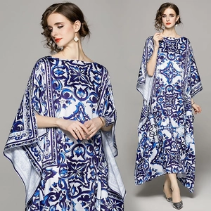 Robe Maxi Élégante Femmes Imprimé Porcelaine Bleu Blanc Kaftan Ample Manches Chauve-souris Longues Vacances Bohème