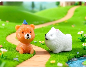 Miniature resin bear and dog figurines set in a lush fairy garden landscape scene