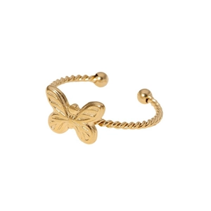 Bague ouverte papillon dorée avec anneau torsadé et finitions à billes
