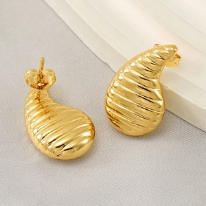French Style 18K Gold Plated 304 Stainless Steel Textured Water Drop Stud Earrings Ripple Spiral Design Elegant For Women