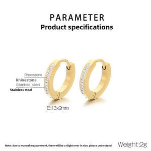 Detail view of gold stainless steel hoop earrings with rhinestones and 13x2mm dimensions