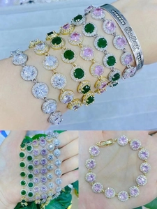 Retro Korean Style Copper Micro Inlaid Zirconia Bracelet Unisex Simple Geometric Emerald Pink White Zirconia Electroplated Tennis Bracelet Jewelry