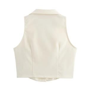 Back view of a cream sleeveless suit vest featuring a notched lapel and sleek seam lines