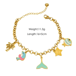 Gold ocean themed stainless steel chain bracelet with colorful enamel sea life charms