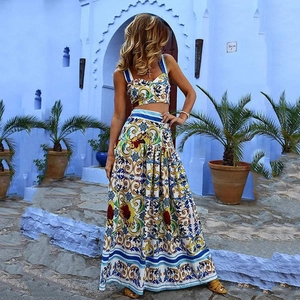 Women's 2-piece Majolica print set with crop top and maxi skirt for beach resort wear