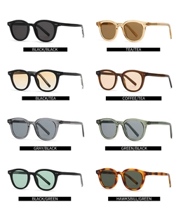 Grid layout showing eight vintage acrylic sunglasses in various frame and lens color options