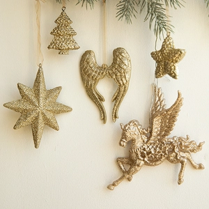 Ornements Suspendus Arbre De Noël Champagne Or Paillettes Résine Plastique Ailes Pégase Étoile Décoration De Fête Maison Nordique