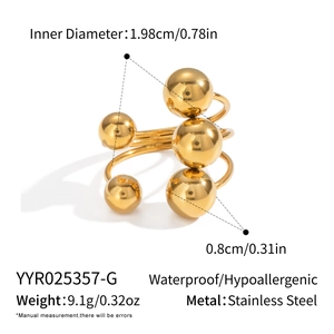 Detailed size specifications for gold stainless steel ball ring with 1.98cm inner diameter