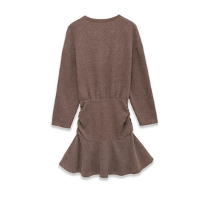Brown long-sleeve knit dress with ribbed texture, cinched waist, and ruffled hem on white background