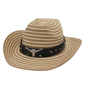 Chapeau De Paille De Cowboy Occidental Rayé Large Bord Protection Solaire Avec Bande En Similicuir Et Tête De Taureau