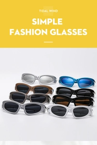 Close-up of Y2K style wrap-around sunglasses in multiple colors and reflective lenses
