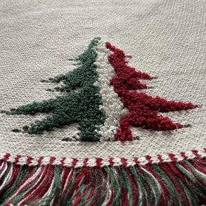 Macro detail of the 3D knitted Christmas tree pattern and soft fringe on the tree skirt