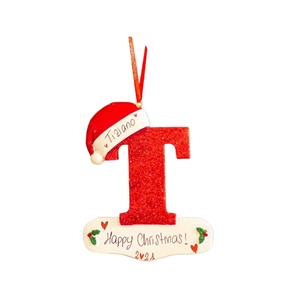 Detail of red glitter letter T ornament with Santa hat and personalization for Christmas