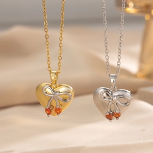 Stainless Steel Heart Cherry Pendant Necklace Red Gemstone Bowknot Design Vintage Sweet Neck Jewelry For Women