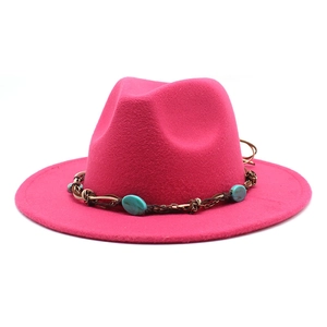 Rose red wool fedora hat with bohemian turquoise beads and braided band decoration