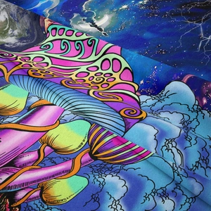 Vibrant psychedelic mushroom tapestry with cosmic space elements and soft fabric texture
