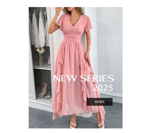 Detail of pink V-neck dress with ruffle sleeves and pleated hem in vacation style