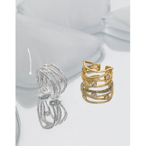 S925 sterling silver open rings with zircon stones and multi-layered textured design