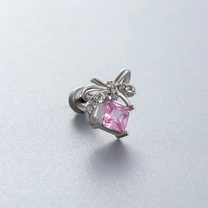 Pink zircon bow stud earring in silver titanium steel with square gemstone drop