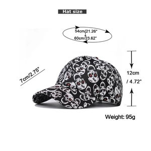 Größentabelle für Totenkopf-Baseballkappe mit Krempenlänge, Höhe und Kopfumfang