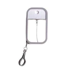 Detail of 50ml card spray bottle with gray silicone sleeve and hanging hook